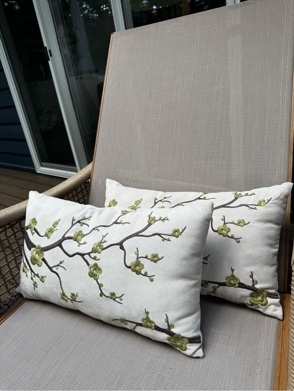 Outdoor Embroidered Floral Branch Lumbar Pillows - Set of 2, Beige with Green